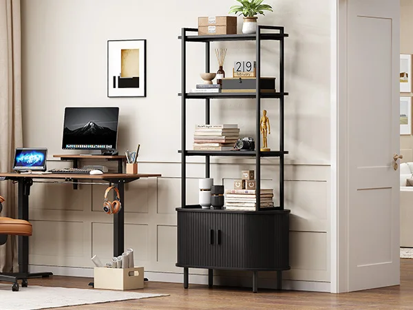 71" Tall Bookshelf,4-Tier Book Shelf with Storage Cabinet,Modern Bookcase with Sliding Door & Adjustable Footpad