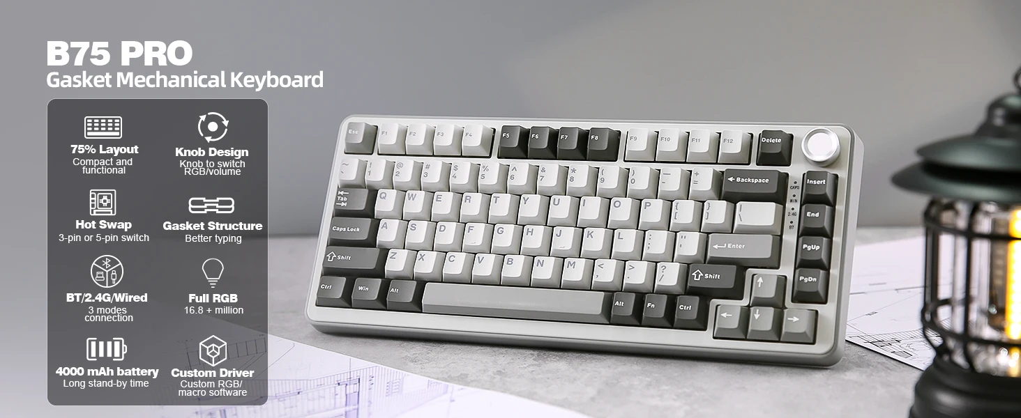 YUNZII B75 PRO 82-Key Wireless Mechanical Gaming Keyboard, Gasket Hot Swap Custom RGB 75% BT/Type-C/2.4G Creamy Knob Keyboard
