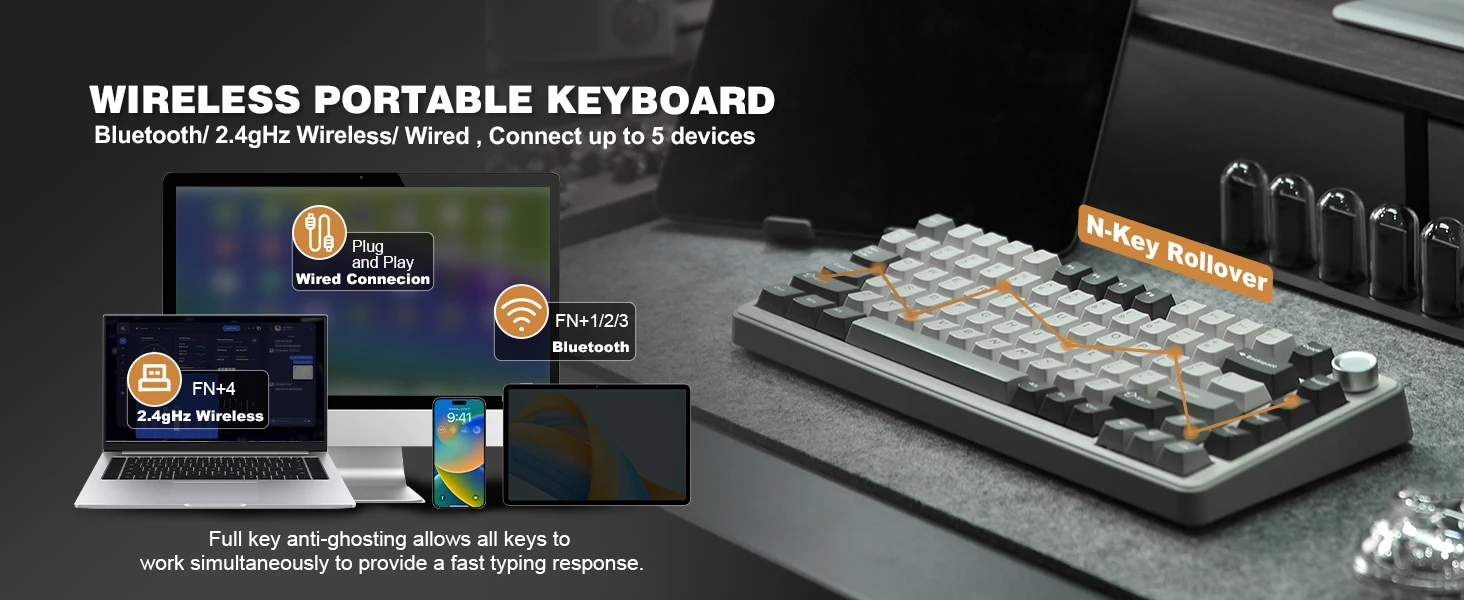 YUNZII B75 PRO 82-Key Wireless Mechanical Gaming Keyboard, Gasket Hot Swap Custom RGB 75% BT/Type-C/2.4G Creamy Knob Keyboard
