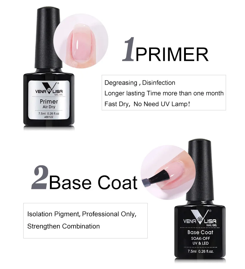 3pcs/set Venalisa Primer Base Coat Topcoat Nail Gel Polish Set Soak Off LED UV Gel Lacquer Nowipe Shiny Nail Gel Manicure Gel