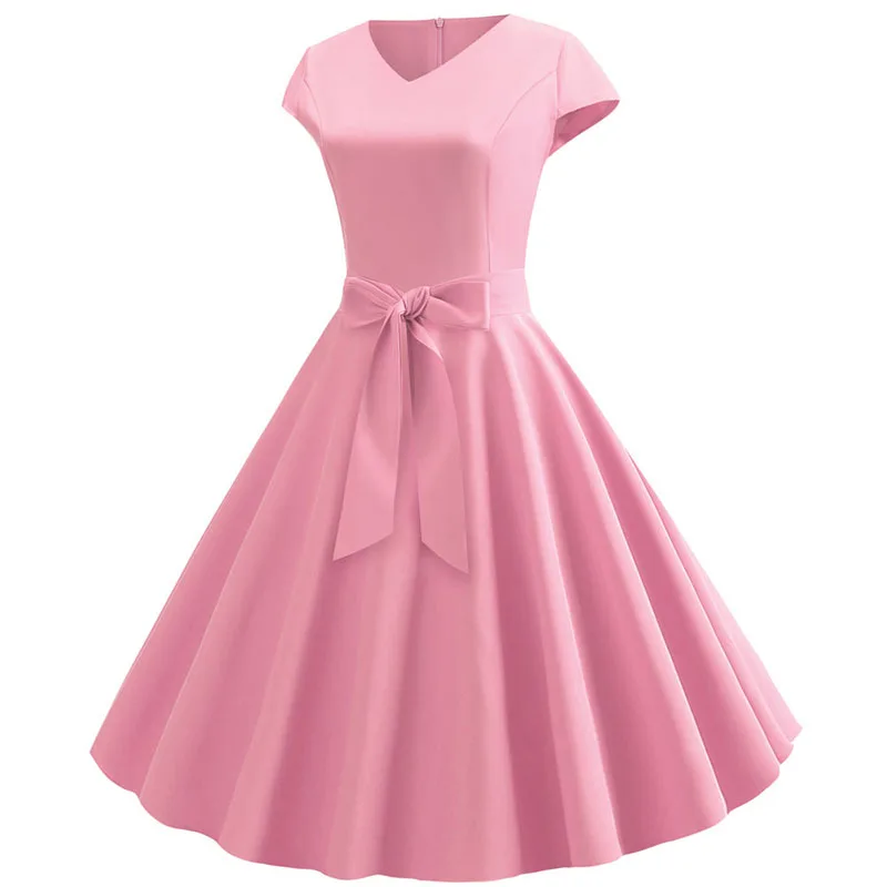 Women Summer Vintage Dress With Belt Short Sleeve V neck Elegant Retro Swing Party Dresses