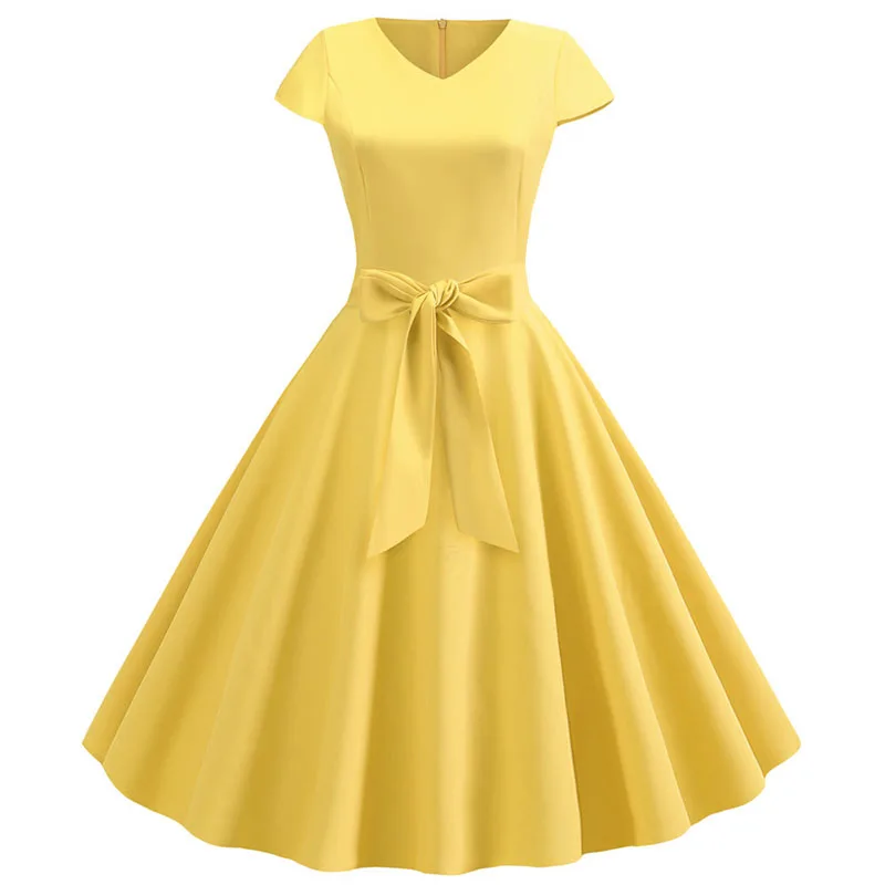 Women Summer Vintage Dress With Belt Short Sleeve V neck Elegant Retro Swing Party Dresses