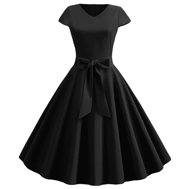 Women Summer Vintage Dress With Belt Short Sleeve V neck Elegant Retro Swing Party Dresses