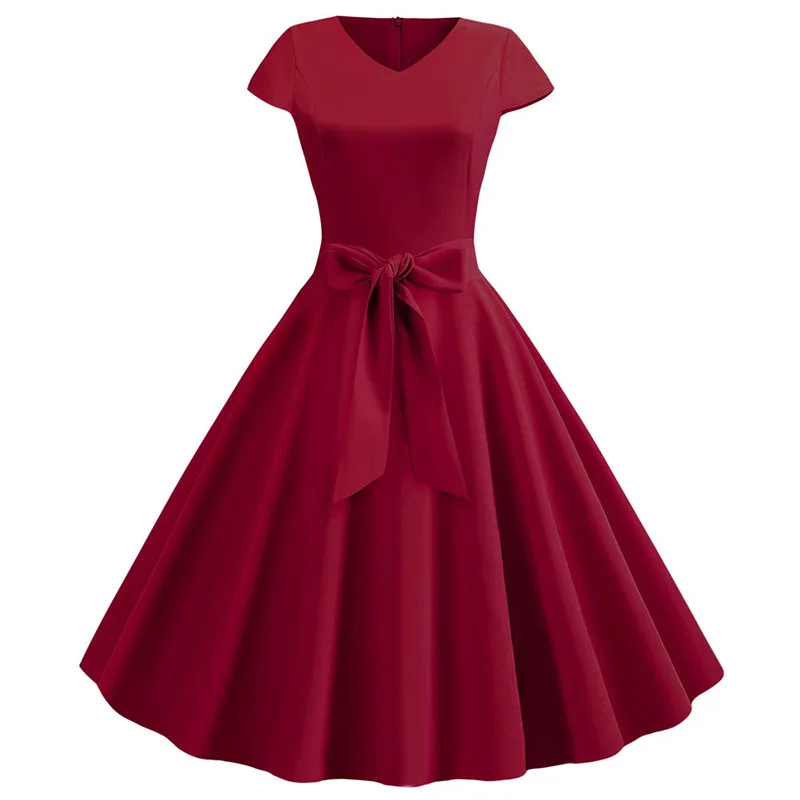 Women Summer Vintage Dress With Belt Short Sleeve V neck Elegant Retro Swing Party Dresses