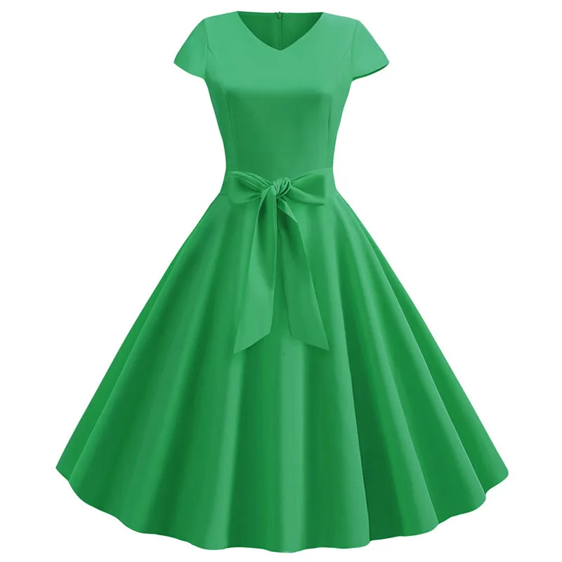 Women Summer Vintage Dress With Belt Short Sleeve V neck Elegant Retro Swing Party Dresses