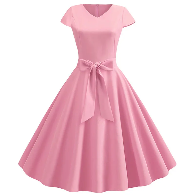 Women Summer Vintage Dress With Belt Short Sleeve V neck Elegant Retro Swing Party Dresses