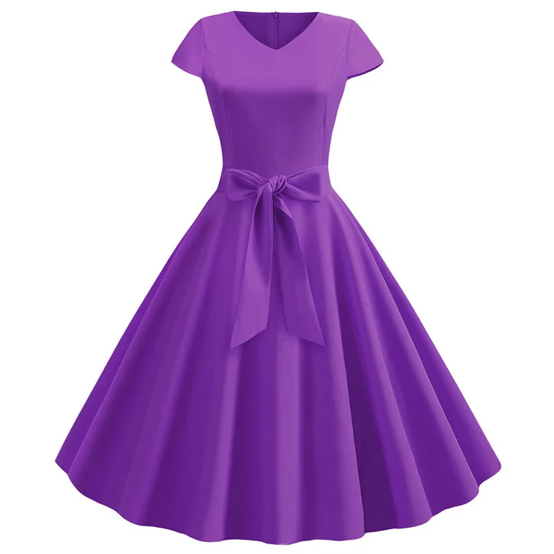 Women Summer Vintage Dress With Belt Short Sleeve V neck Elegant Retro Swing Party Dresses