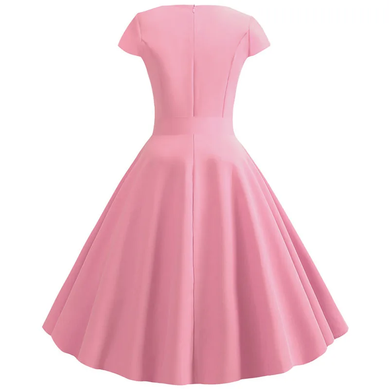 Women Summer Vintage Dress With Belt Short Sleeve V neck Elegant Retro Swing Party Dresses