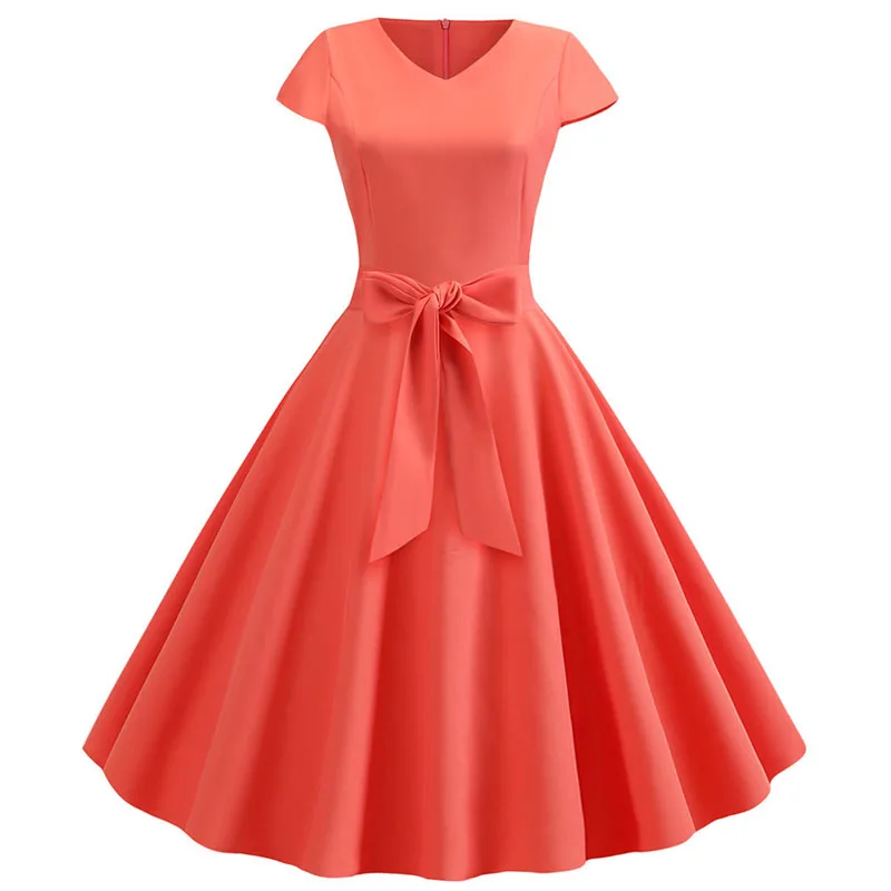 Women Summer Vintage Dress With Belt Short Sleeve V neck Elegant Retro Swing Party Dresses