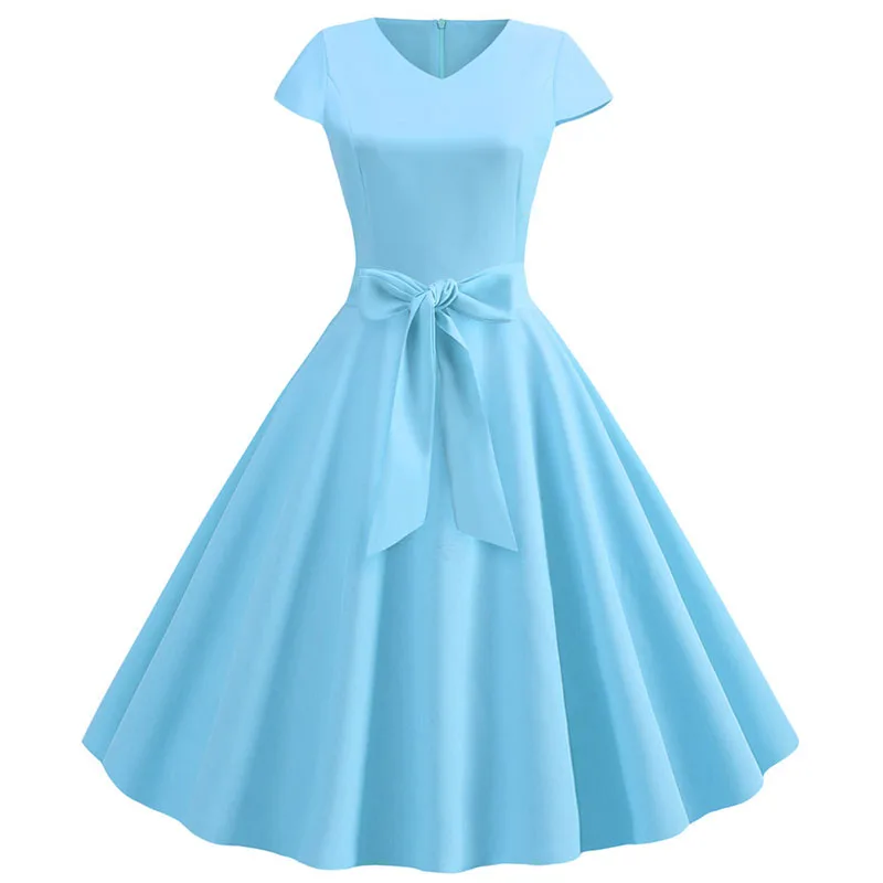 Women Summer Vintage Dress With Belt Short Sleeve V neck Elegant Retro Swing Party Dresses