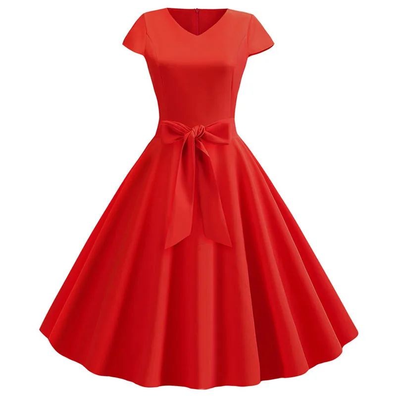 Women Summer Vintage Dress With Belt Short Sleeve V neck Elegant Retro Swing Party Dresses