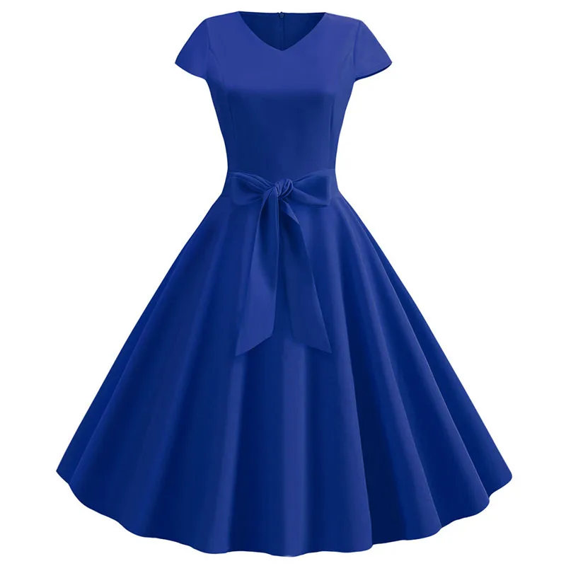 Women Summer Vintage Dress With Belt Short Sleeve V neck Elegant Retro Swing Party Dresses