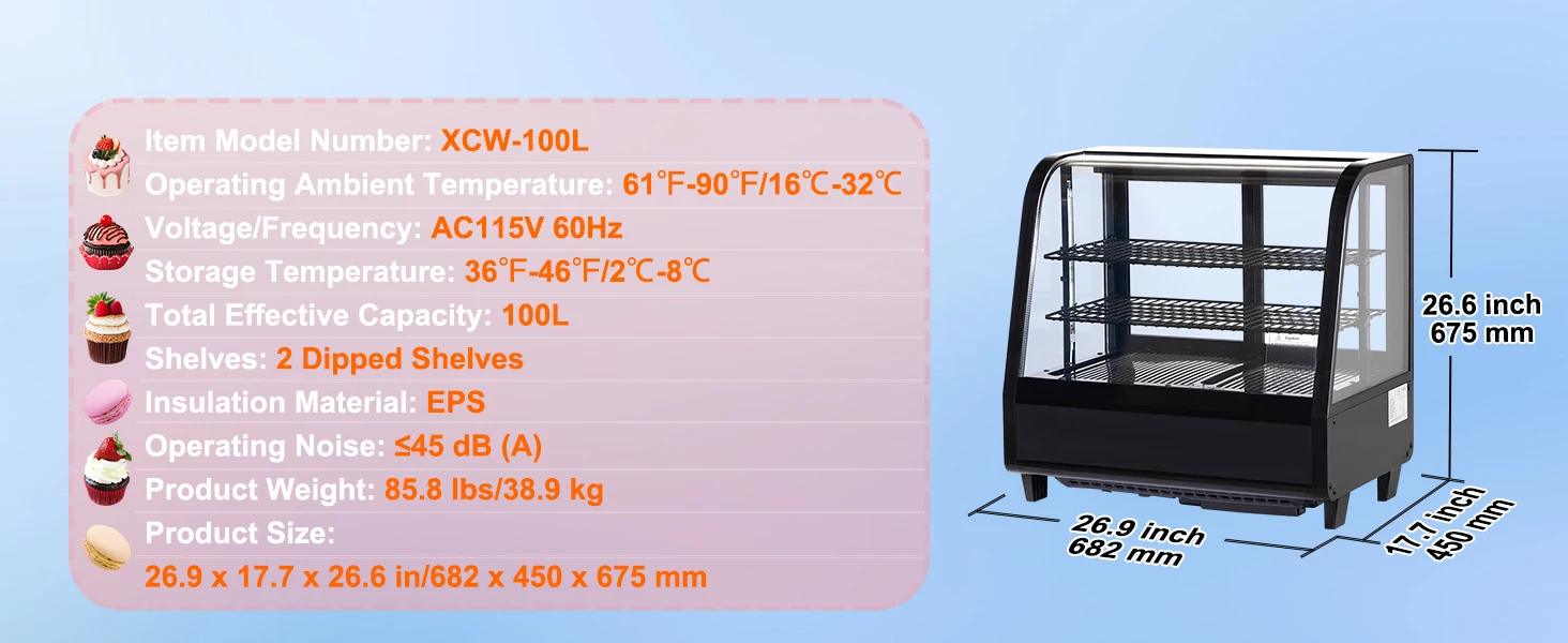 SucceBuy Refrigerated Display Case Countertop Pastry Display Case LED Lighting TURBO Cooling Frost Free Air Cooling
