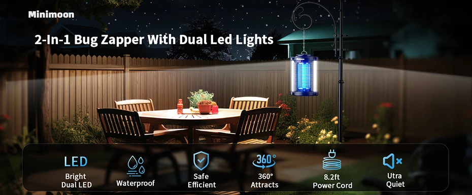 Minimoon Bug Zapper Outdoor Mosquito Zapper with Dual LED Light 4200V Fly Zapper 15W Electric Fly Traps Outdoor IPX4 Insect Trap