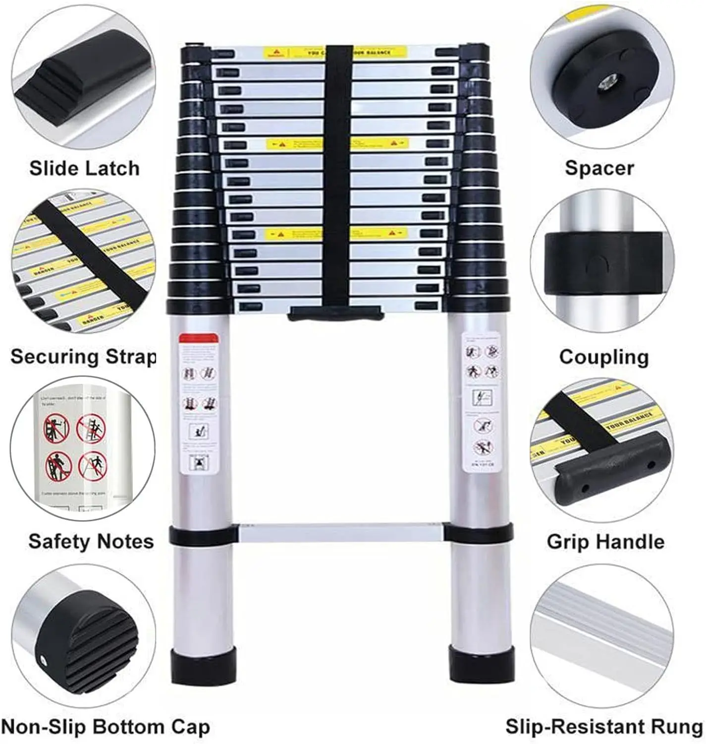 DayPlus Telescopic Loft Ladder Collapsible Step Ladders Extendable Alminium Ladders Folding Extending Portable,EN131,150kg/330lb