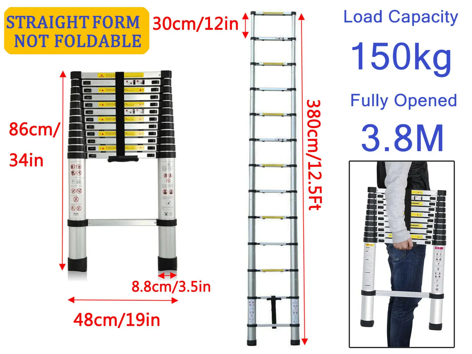 DayPlus Telescopic Loft Ladder Collapsible Step Ladders Extendable Alminium Ladders Folding Extending Portable,EN131,150kg/330lb