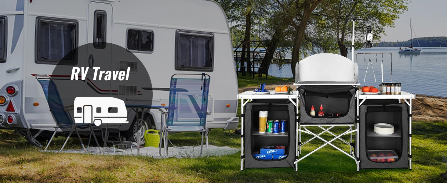 SucceBuy Camping Outdoor Kitchen Table Cabinet Foldable Folding Cooking Storage Rack Aluminum Alloy Bracket for BBQ Picnic