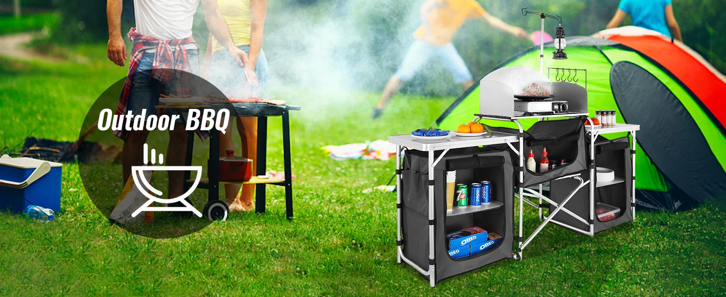 SucceBuy Camping Outdoor Kitchen Table Cabinet Foldable Folding Cooking Storage Rack Aluminum Alloy Bracket for BBQ Picnic