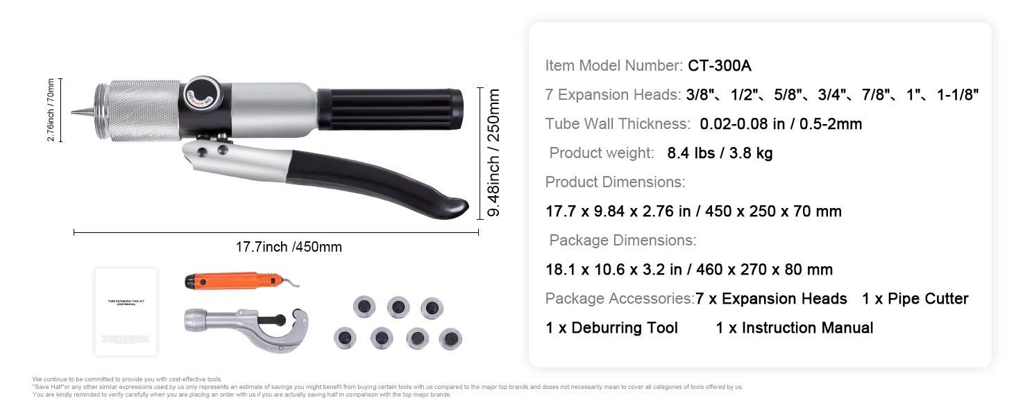 SucceBuy Hydraulic Tube Expander w/ 7 Pipe Expander Heads Deburring Tool Pipe Cutter for Copper Aluminum Brass Soft Steel Pipes