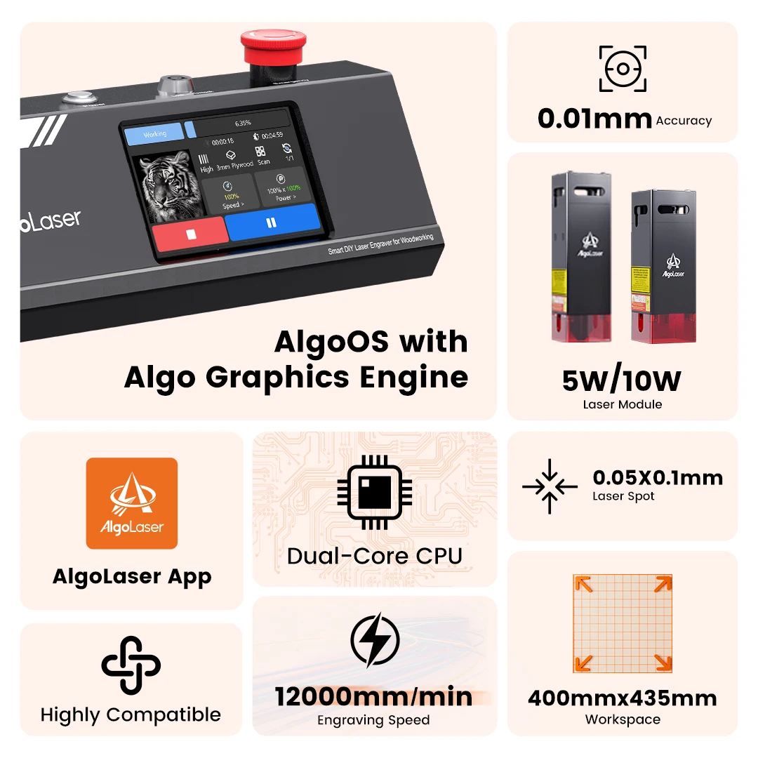 AlgoLaser Laser Engraver Machine 10W Exclusive 3.5" Touch Screen for DIY, Cutting Tool for Wood MDF CNC Router Carpentry Tools
