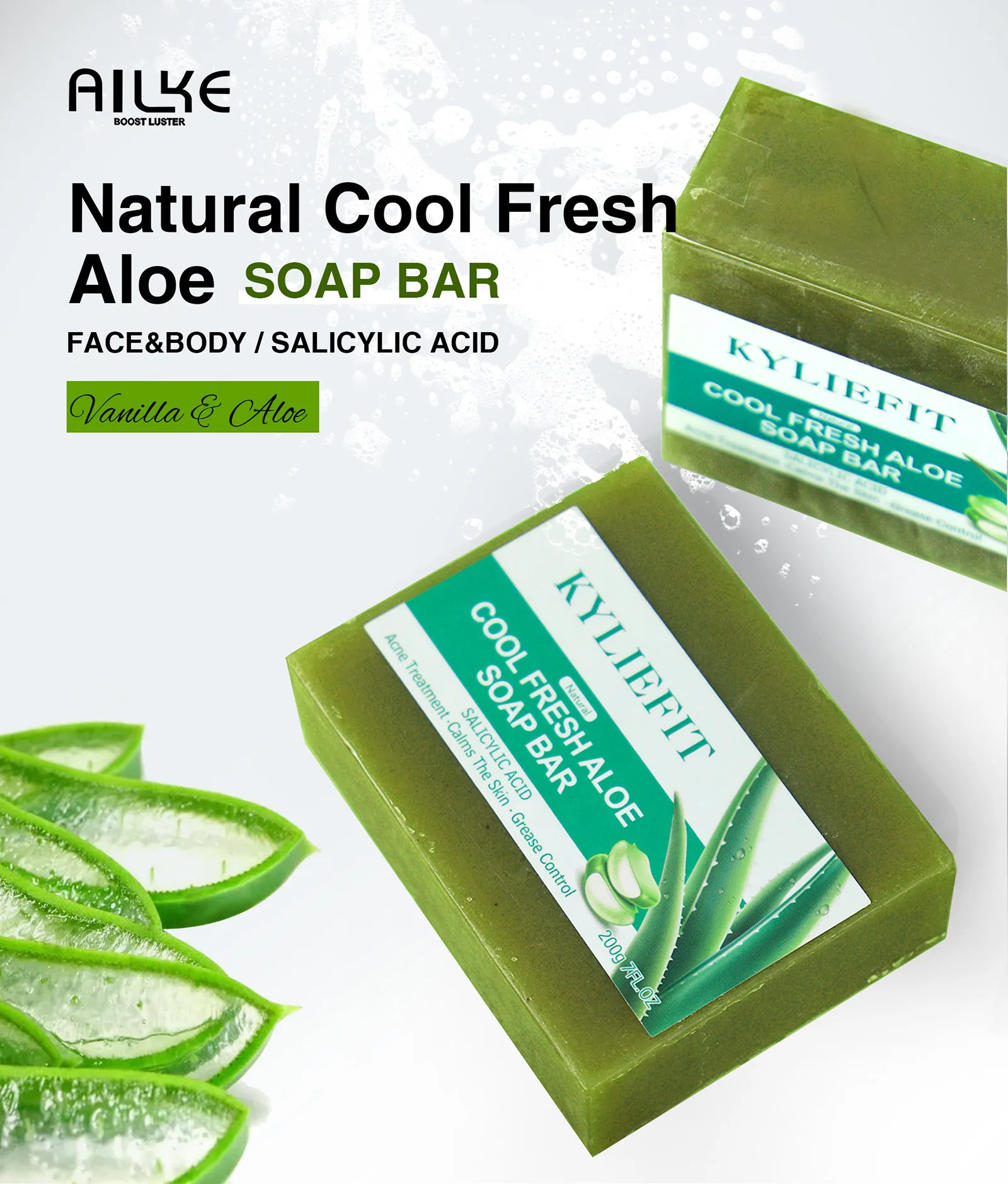 AILKE Aloe Vera Whitening Soap, Remove Acne, Pimples, Skin Radiant, Improve Skin Luster, Vegan Bath Wash for Women and Men, 200g