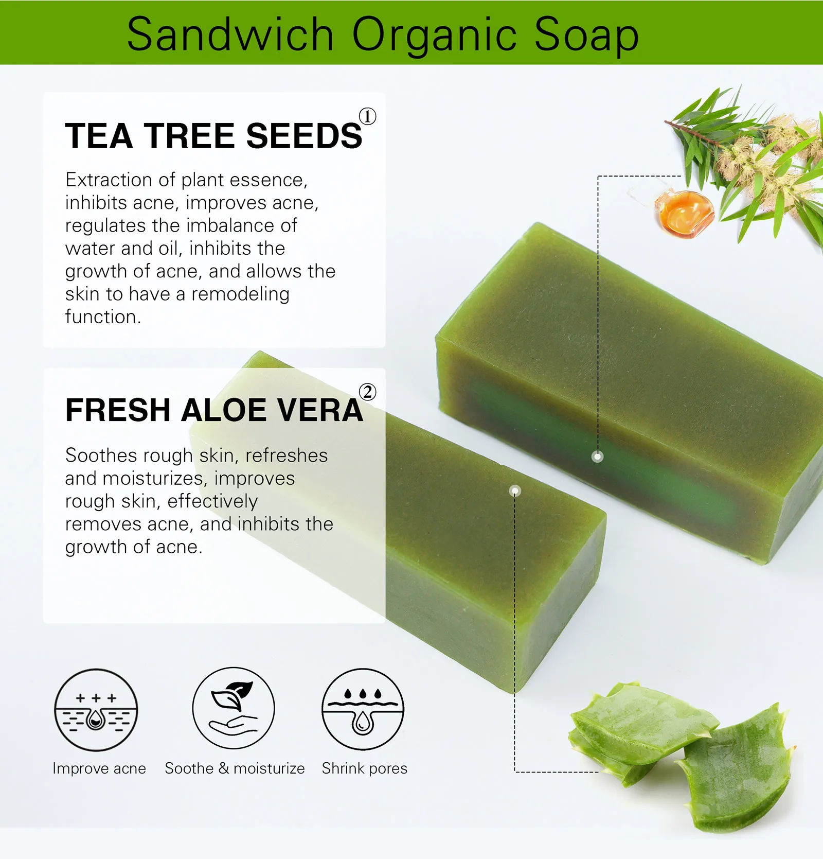 AILKE Aloe Vera Whitening Soap, Remove Acne, Pimples, Skin Radiant, Improve Skin Luster, Vegan Bath Wash for Women and Men, 200g