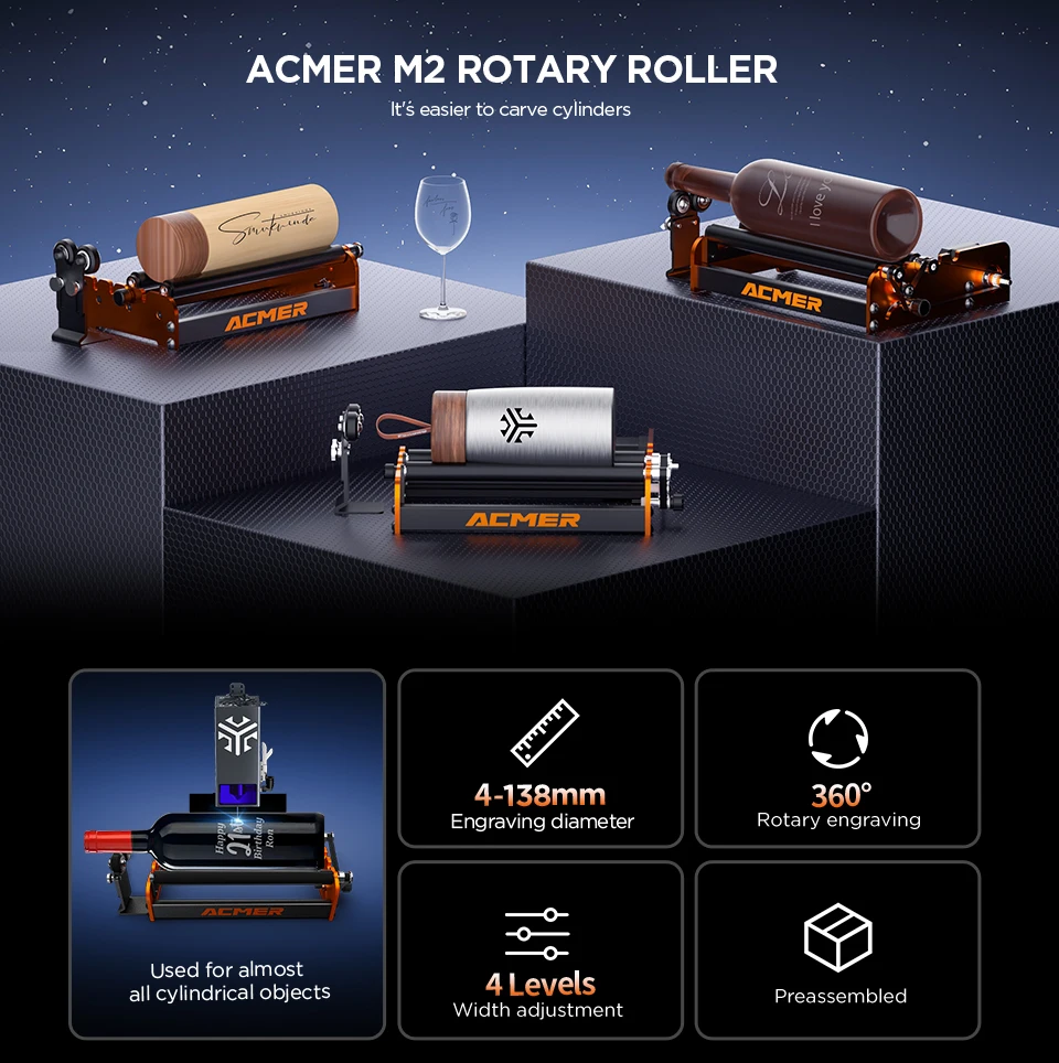 ACMER M2 Laser Engraver Universal Rotary Roller Y-Axis Laser Rotary Module 360 Degree Rotating For Engraving Cylindrical Objects