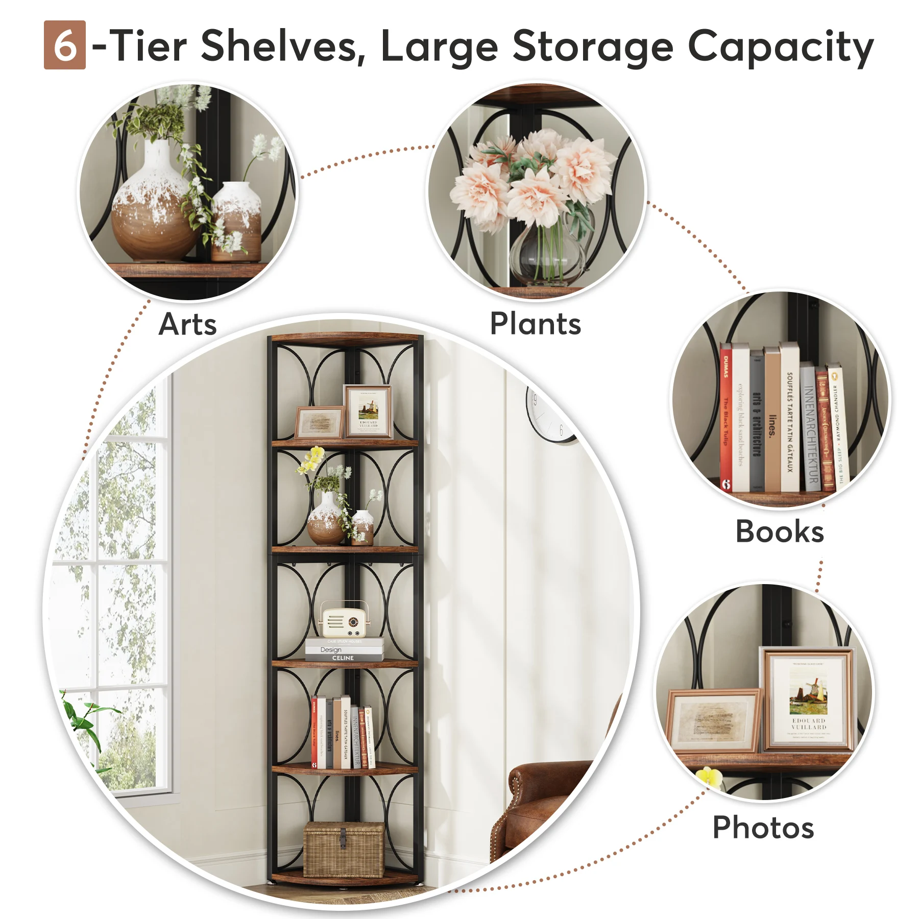 Tribesigns 6 Tier Tall Corner Shelf, 61 inch Rustic Corner Bookshelf Storage Rack Standing Shelving Unit