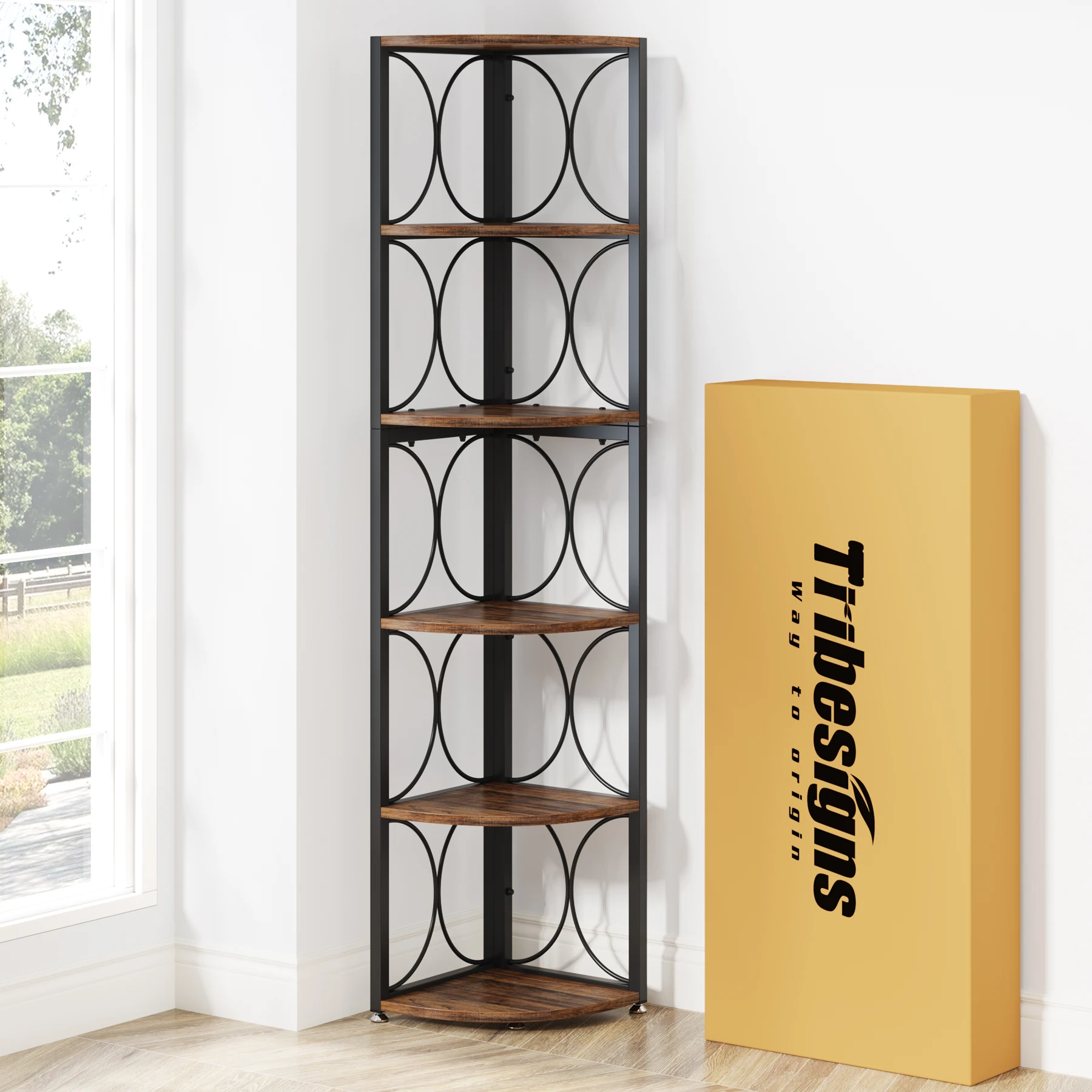 Tribesigns 6 Tier Tall Corner Shelf, 61 inch Rustic Corner Bookshelf Storage Rack Standing Shelving Unit