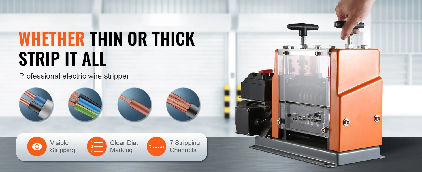 SucceBuy Electric Wire Stripping Machine 60W 1.5-25mm Visible Stripping Depth 6 Round+1 Flat Channels for Scrap Copper Recycling