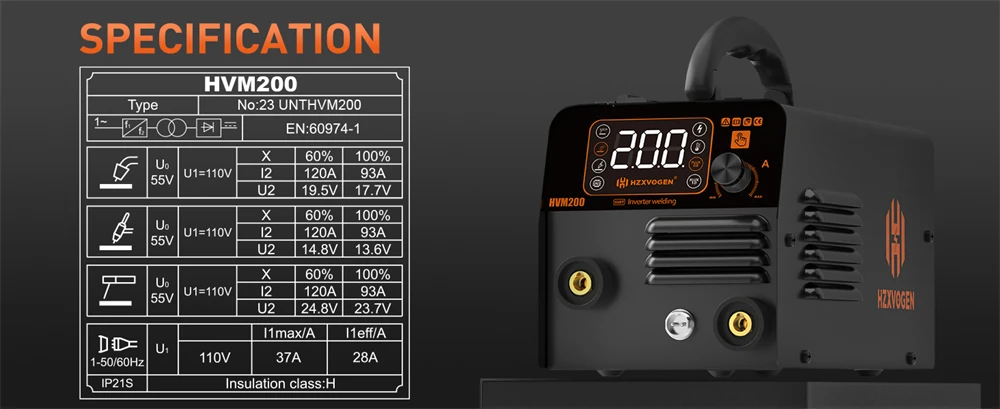 HZXVOGEN 3 IN 1 MIG/TIG/MMA Semi-Automatic Welding Machine HVM200 Inverter Welder Synergy Tool Non Gas MIG Welder For Gasless Iron Soldering 220V