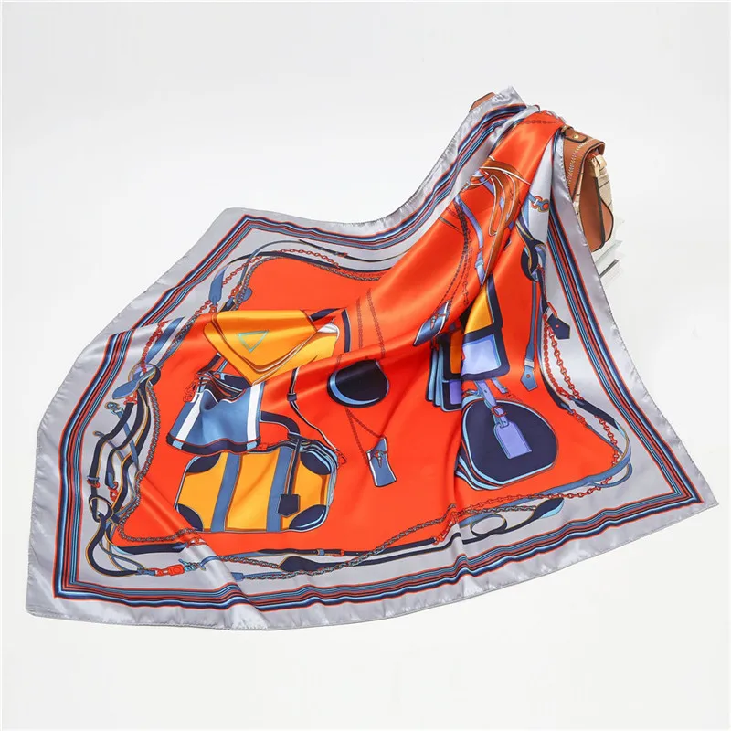Luxury Women Silk Scarf Square Bandana Design Brand Headband Female Satin Hijab Large Shawl Wrap Lady Kerchief Chain Print New