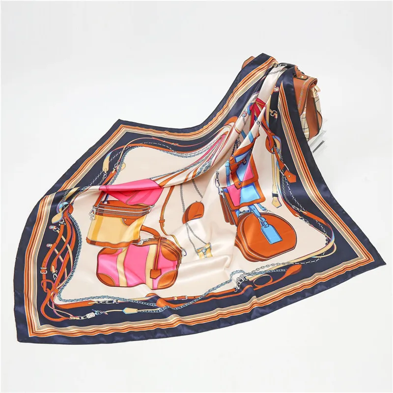 Luxury Women Silk Scarf Square Bandana Design Brand Headband Female Satin Hijab Large Shawl Wrap Lady Kerchief Chain Print New