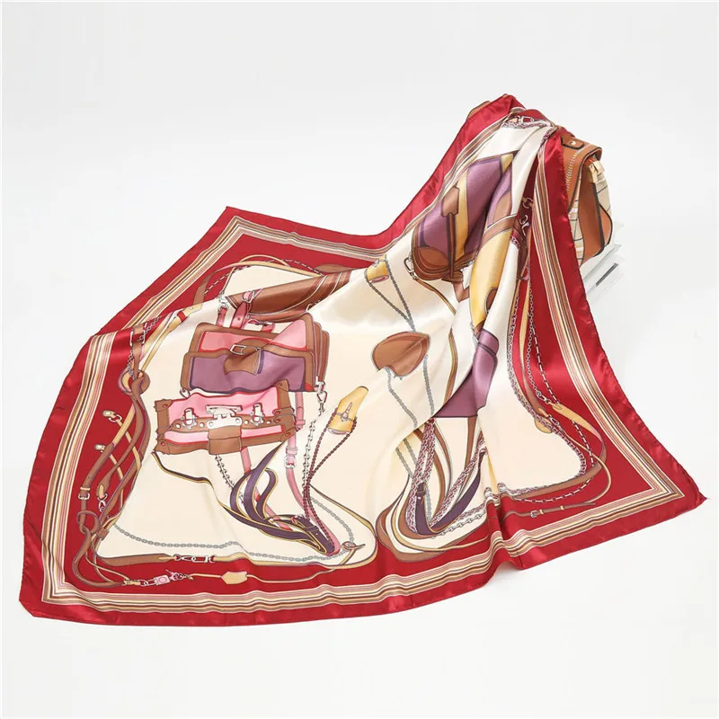 Luxury Women Silk Scarf Square Bandana Design Brand Headband Female Satin Hijab Large Shawl Wrap Lady Kerchief Chain Print New