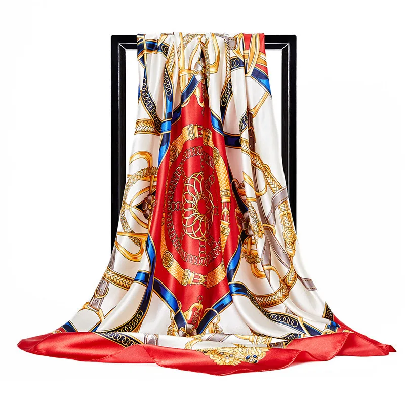 Luxury Women Silk Scarf Square Bandana Design Brand Headband Female Satin Hijab Large Shawl Wrap Lady Kerchief Chain Print New
