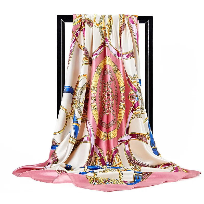 Luxury Women Silk Scarf Square Bandana Design Brand Headband Female Satin Hijab Large Shawl Wrap Lady Kerchief Chain Print New