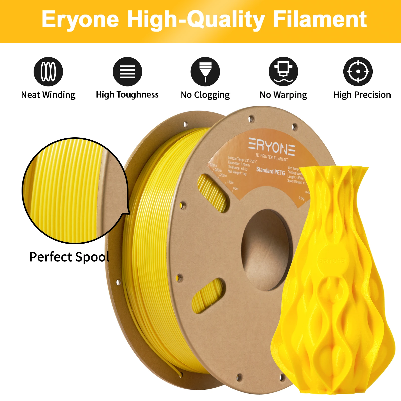 ERYONE 1KG PETG Filament 1.75mm, Big Sale 3D Printer Strong Filament Easy Print Multiple Colours Available
