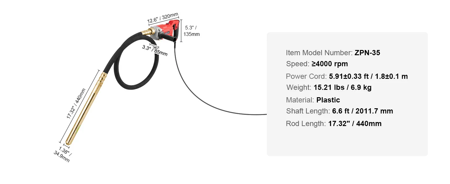 SucceBuy 800W Electric Vibrator 13000 VPM Electric Concrete Vibrating Tool Portable Pencil Cement Vibrator Remove Air Bubble