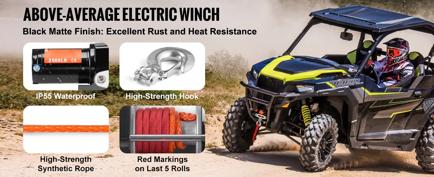 SucceBuy 3500lbs Electric Winch ATV/UTV Wired Car Winch with 39 ft Synthetic Rope Aluminum IP55 Waterproof for Towing Boat Truck