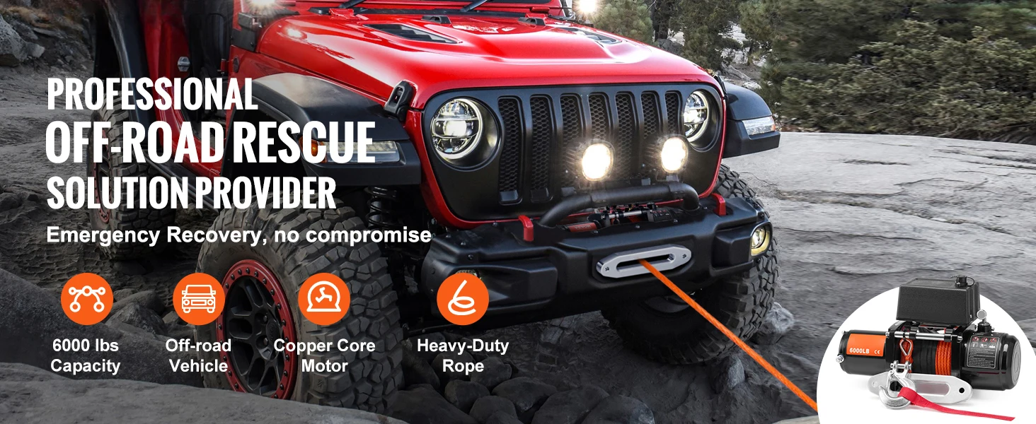 SucceBuy 6000lbs Electric Winch Car Truck Winch with 1/4 in 55 ft Synthetic Rope Wireless/Wired for Towing SUV Jeep Trailer Boat
