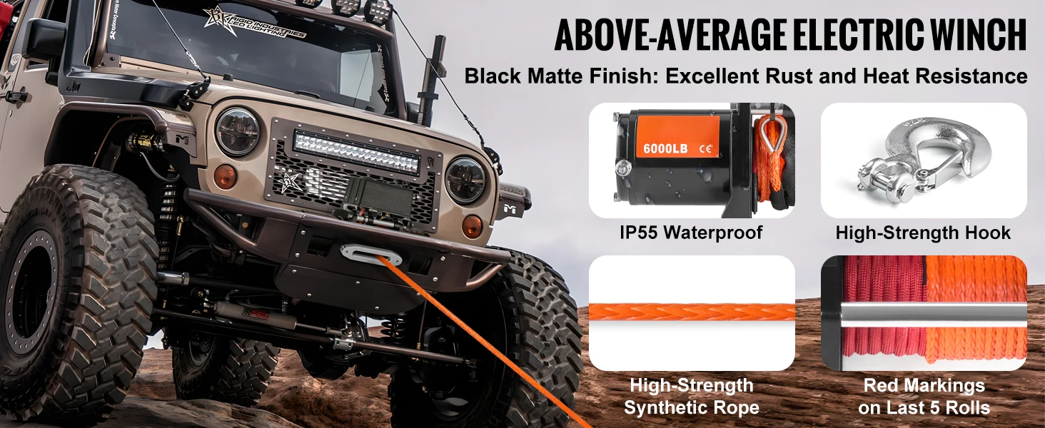SucceBuy 6000lbs Electric Winch Car Truck Winch with 1/4 in 55 ft Synthetic Rope Wireless/Wired for Towing SUV Jeep Trailer Boat
