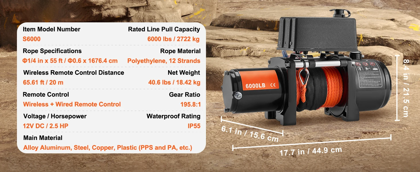 SucceBuy 6000lbs Electric Winch Car Truck Winch with 1/4 in 55 ft Synthetic Rope Wireless/Wired for Towing SUV Jeep Trailer Boat
