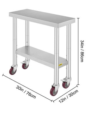 SucceBuy Stainless Steel Kitchen Worktable shelves Commercial Work Bench Table with Caster Wheels for Home Restaurant Storage