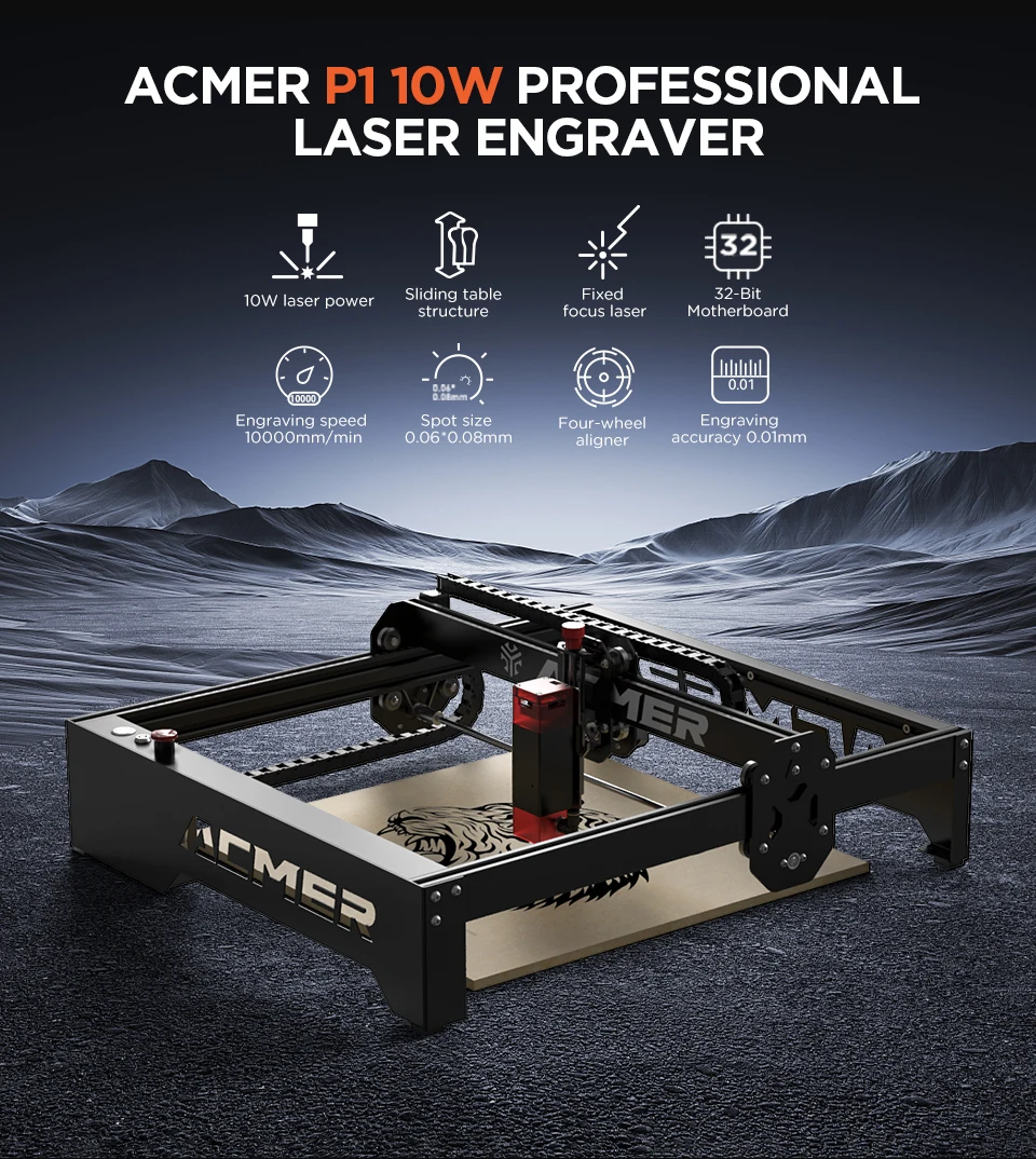 ACMER P1 10W Powerful Laser Engraver Wifi APP Control Woodworking Cutting Machine Wood Leather Panel Engraving 400x410mm Size