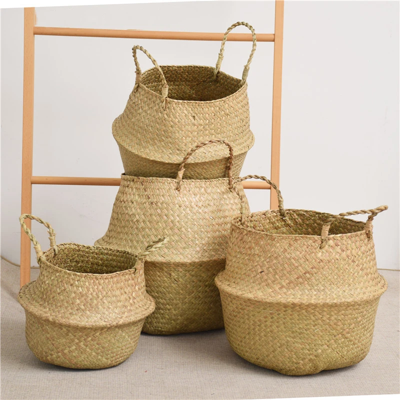 Seagrass Wicker Woven Storage Basket Planting Flower Pot Folding Organizer Laundry Basket Home Garden Belly Mimbre Basket