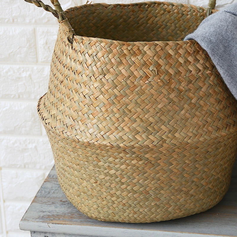 Seagrass Wicker Woven Storage Basket Planting Flower Pot Folding Organizer Laundry Basket Home Garden Belly Mimbre Basket