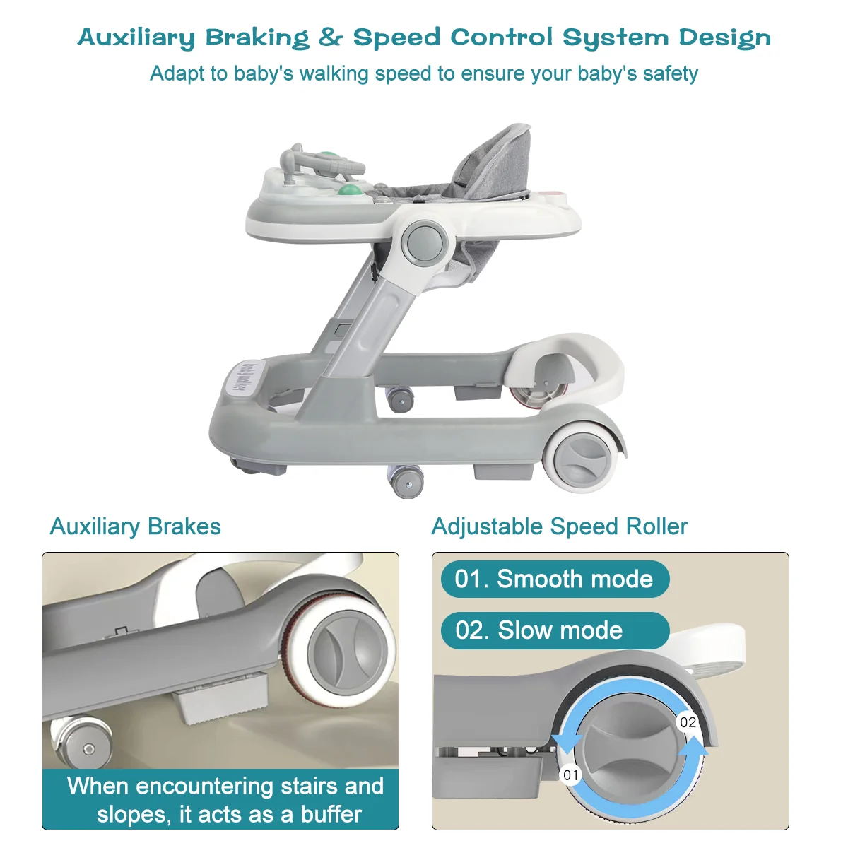 Foldable Baby Activity Walker, Push Walker with Removable Feeding Tray and Music Tray(without batteries) for 6 Months & Up Baby