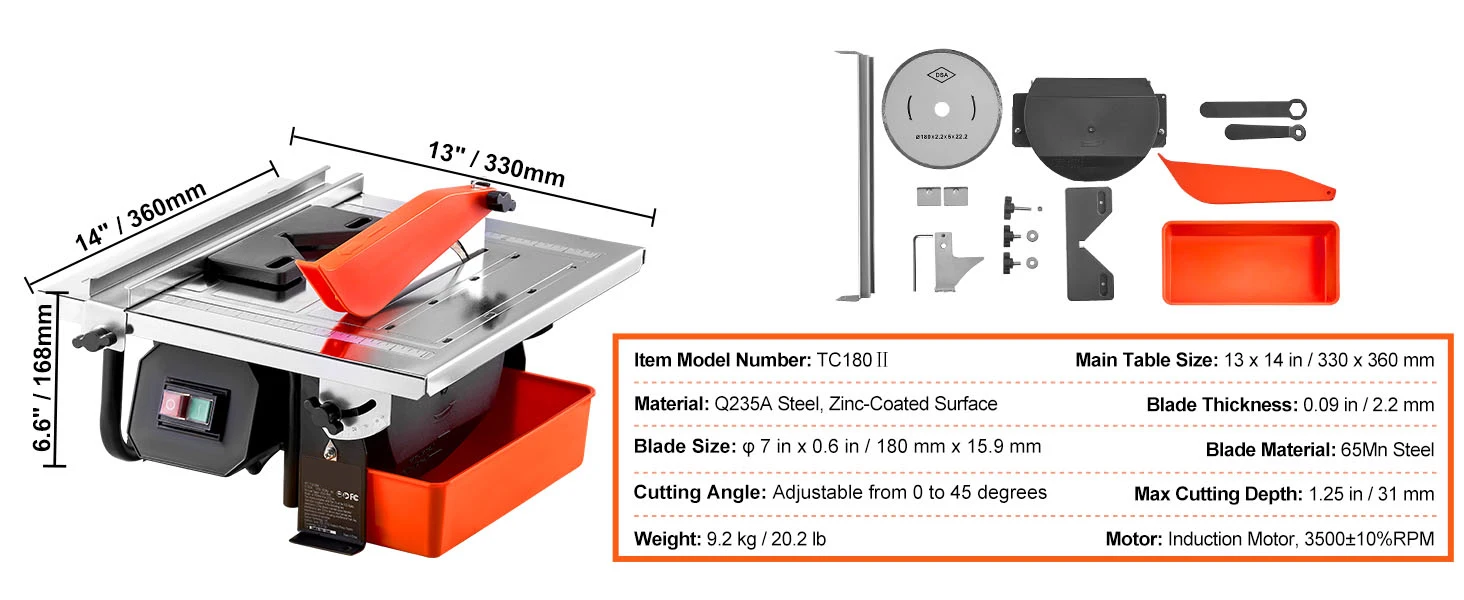 SucceBuy Wet Tile Saw 7-inch 65Mn Steel Blade 3500 RPM Induction Motor Tile Cutter Wet Saw Water Reservoir 0-45 Degrees Angle