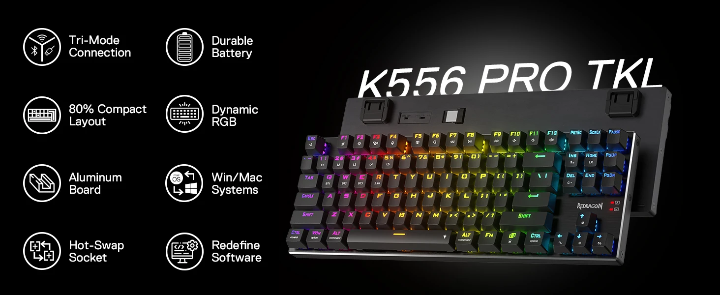 Redragon K556 PRO TKL Wireless RGB Gaming Keyboard 80% 87 Keys BT/2.4Ghz Tri-Mode Hot-Swap Mechanical Keyboard