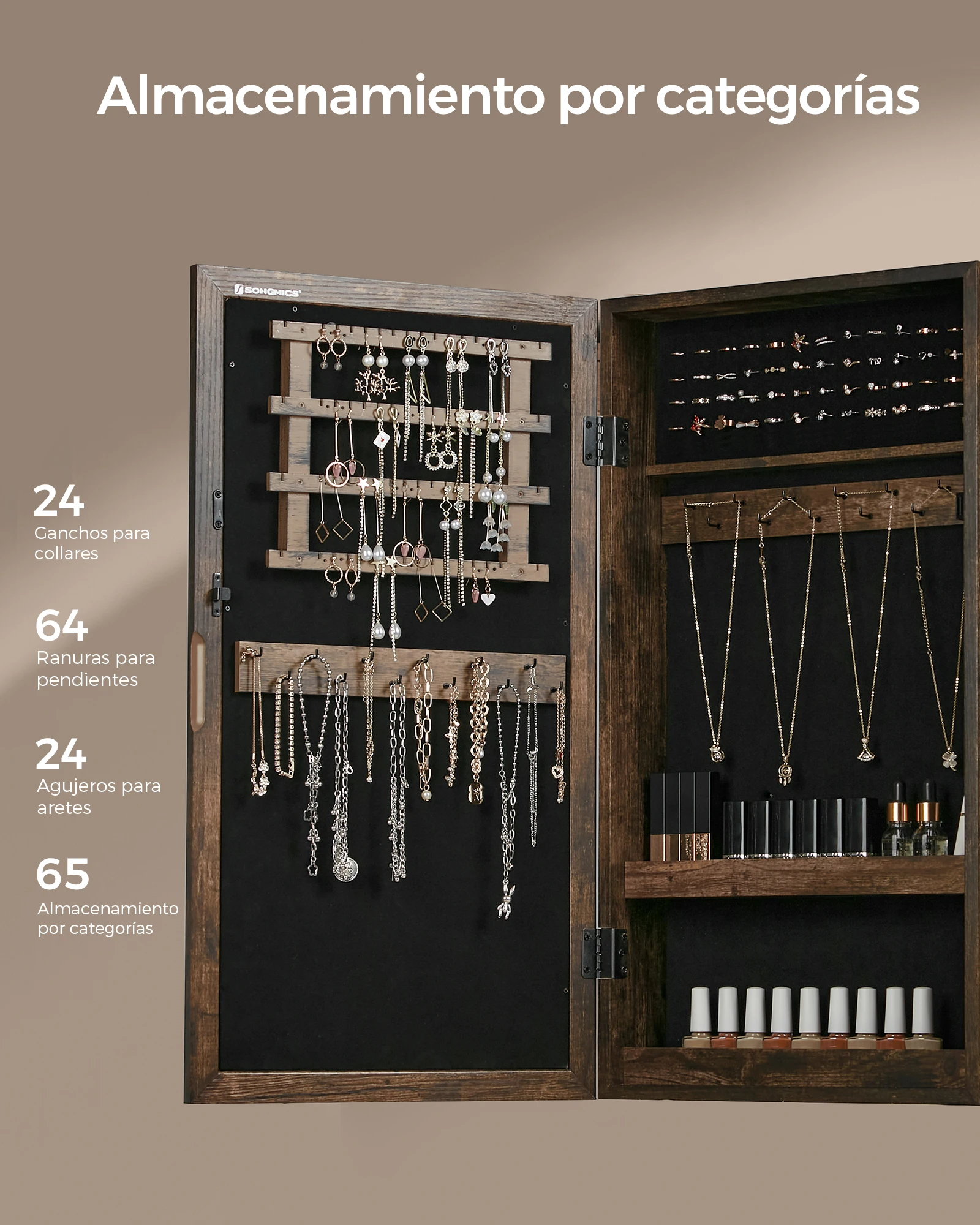 SONGMICS Lockable Jewelry Cabinet Armoire with Mirror, Wall-Mounted Space Saving Jewelry Storage Organizer